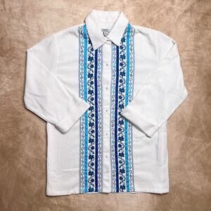 Vintage 90s Graff Embroidered Floral Shirt Striped White Coastal Retro Tropical